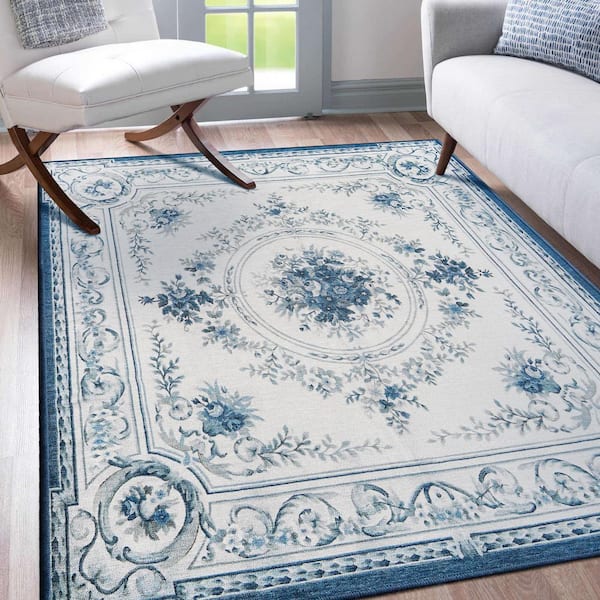 Aubusson Blue 5 ft. x 7 ft. Medallion Washable Area Rug