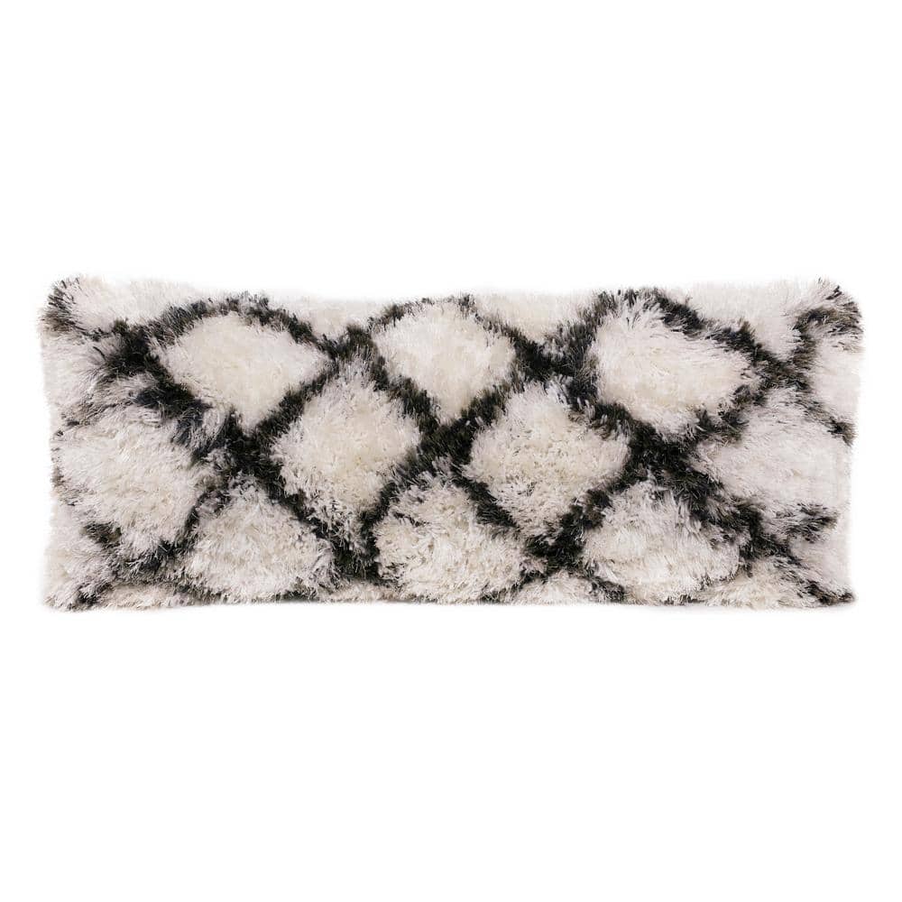 Cozy White/Black 14 in. x 36 in. Rectangle Lumbar Soft Shag Diamond Criss C