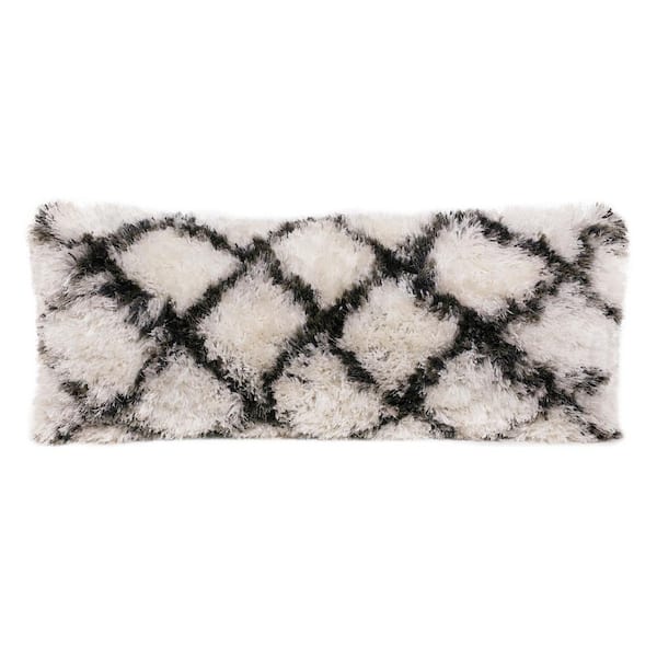 Unbranded Cozy White/Black 14 in. x 36 in. Rectangle Lumbar Soft Shag Diamond Criss Cross Indoor Throw Pillow