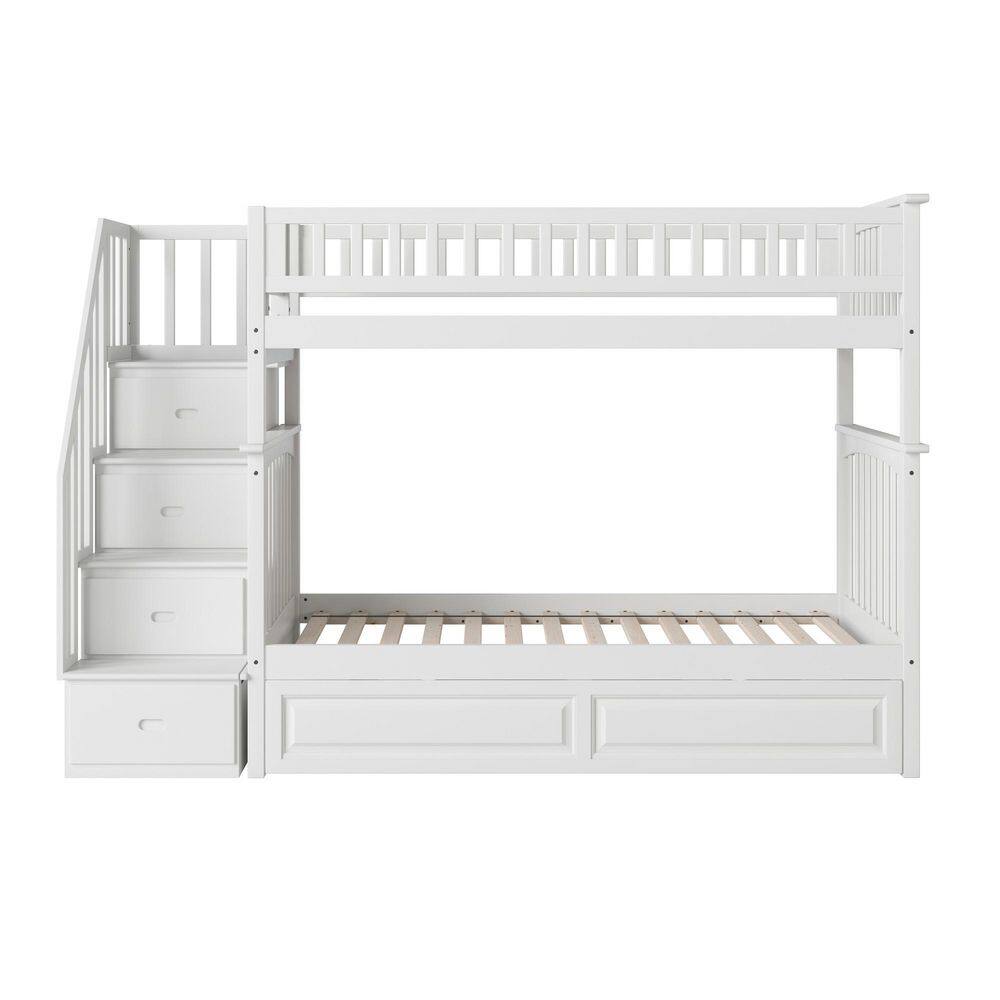 White Twin Over Twin Wood Bunk Bed with Trundle and Storage