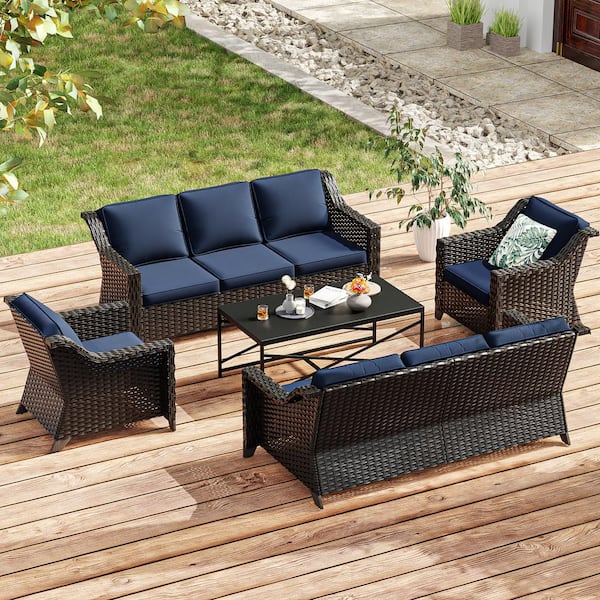 JOYSIDE 5-Piece Wicker Patio Furniture Set and Chairs with Blue Cushions and Black Steel Table