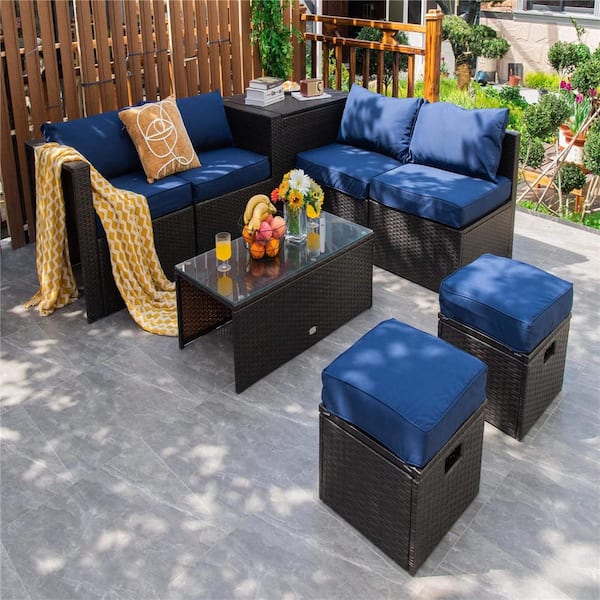 Costway Brown 8-Piece Metal Patio Conversation Set with Storage Box Tempered Glass Table 2 Ottomans