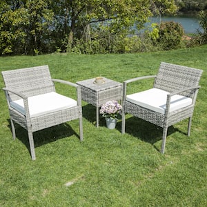 3-Piece Cute Gray Wicker Patio Conversation Set with Beige Cushions