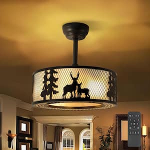 18 in. Indoor Black Smart Fabric Farmhouse Caged Enclosed Semi Flush Mount Low Profile Ceiling Fan Light with Remote