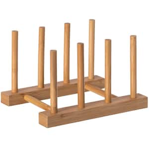 Set of 2 Bamboo Wooden Drainer Dish Rack, Plate Rack, And Drying Drainer, 3 Grid