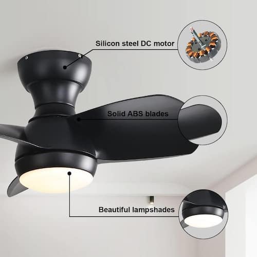 1.91 ft. Integrated LED Indoor Modern Black Ceiling Fan Lighting with 3 Sliver Blades and Remote Control Ceiling Fans With Lights