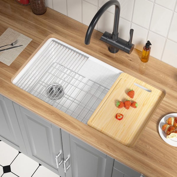 Kitchen Sink 33 in. Dual Mount Drop-In/Undermount Single Bowl White Fireclay Workstation Kitchen Sink with Cutting Board
