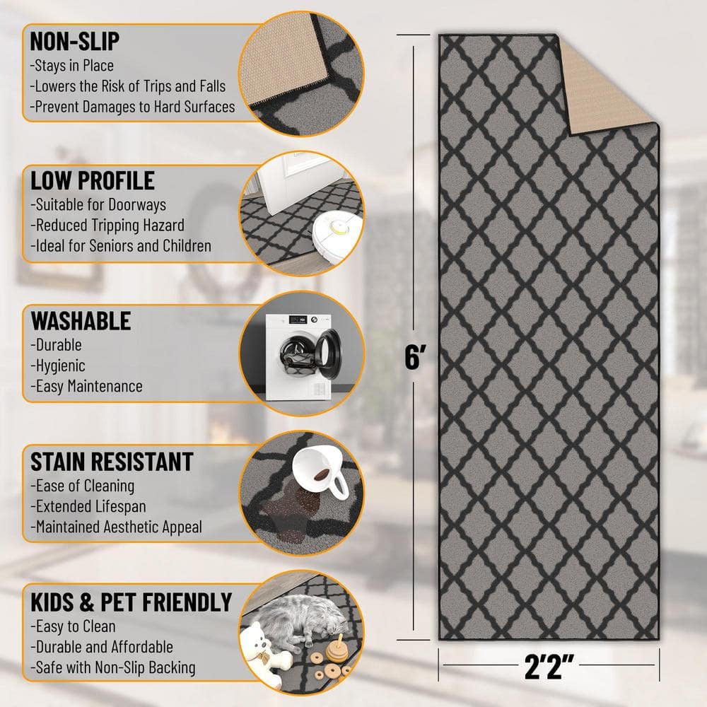 Dark Gray Washable Non-Slip Trellis Runner Rug