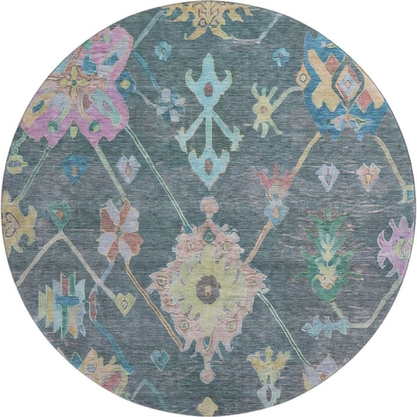 Mayfield Premium Machine Washable Abstract AMF2234 Teal 8 ft. x 8 ft. Round Rug