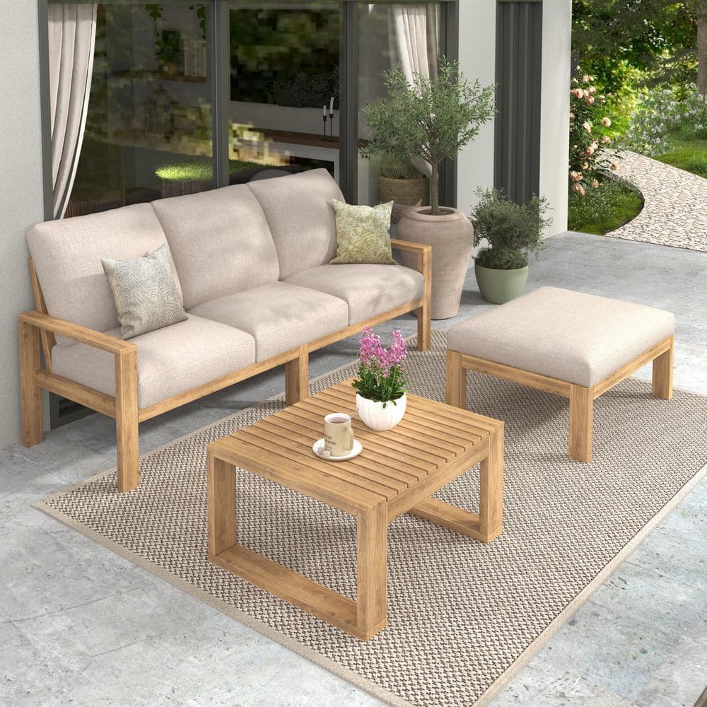 Outdoor 3-Piece Solid Wood Patio Conversation Set With Light Gray Cushions, Ottoman, Teak