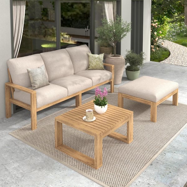 CHRISTOPHER KNIGHT HOME Outdoor 3-Piece Solid Wood Patio Conversation Set With Light Gray Cushions, Ottoman, Teak