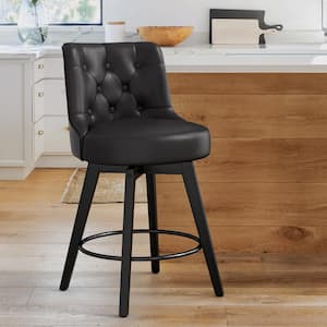 Rowland 26.5 in Seat Height Black Faux Leather Counter Height Solid Wood Leg Swivel Bar stool（Set of 1）