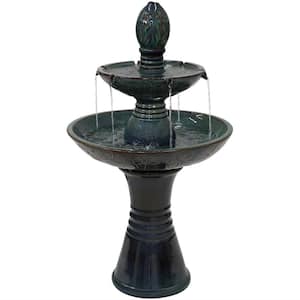 Double Tier Outdoor Ceramic Water Fountain with LED Lights - 38-Inch