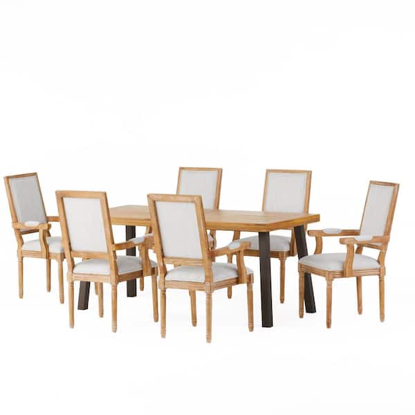 Noble House Stocker 7-Piece Natural and Light Gray Wood Dining Set