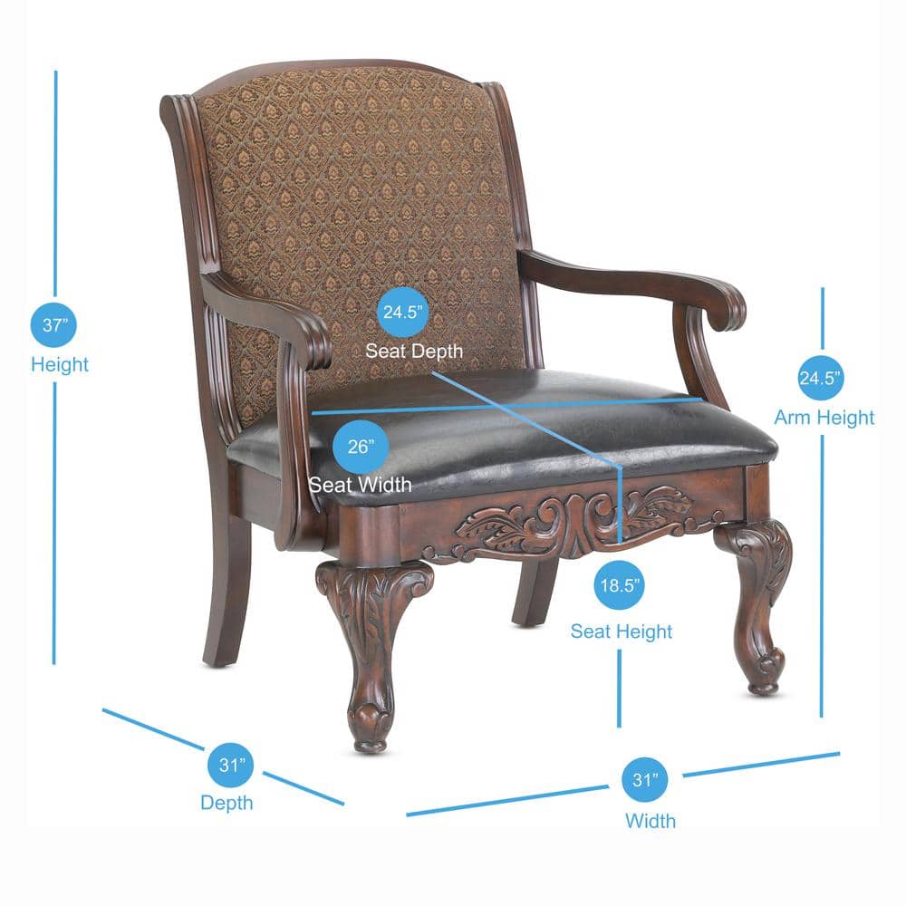Traditional Walnut Finish Carved Accent Chair in Liza Brown