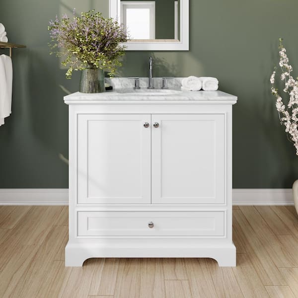 Wyndham Collection Deborah 36 in. Single Vanity in White with Marble Vanity Top in White Carrara with White Basin and Medicine Cabinet