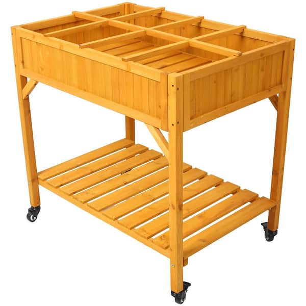 maocao hoom 36 x 24 x 34 in. Mobile Elevated 8-Pocket Herb Garden Bed Lockable Wheels, Storage Shelf, Drainage Holes, in Brown, Wood
