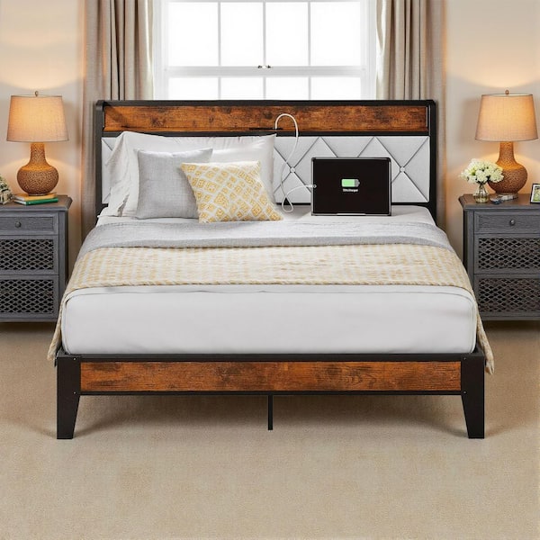 Vintage Brown Metal Frame Full Platform Bed Fabric Storage Headboard with Charging Station, No Box Spring Needed