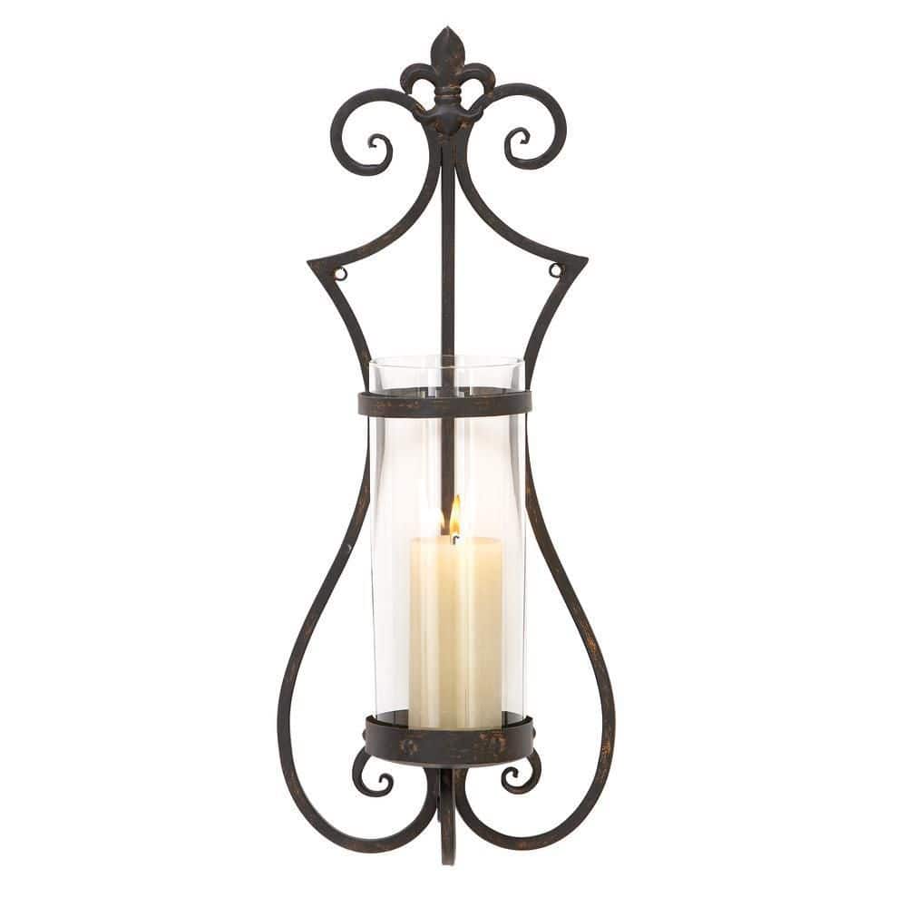 Elegant Black Metal Floral Wall Sconce with Glass Hurricane, 25"