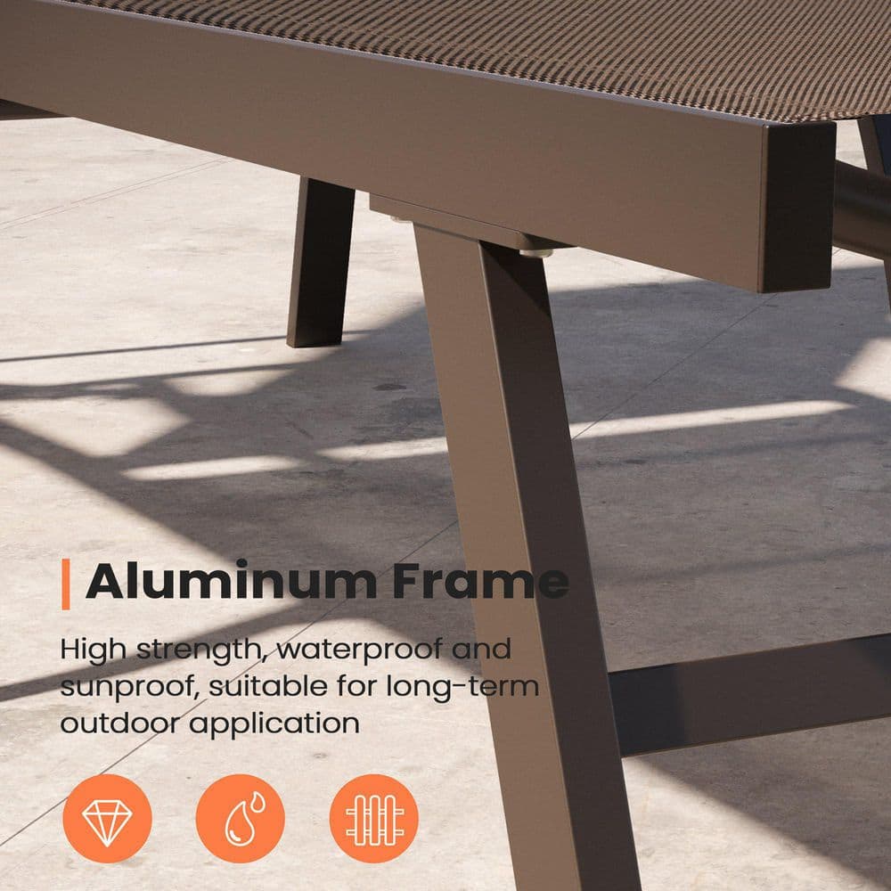Brown Aluminum Adjustable Outdoor Chaise Lounge with Arms
