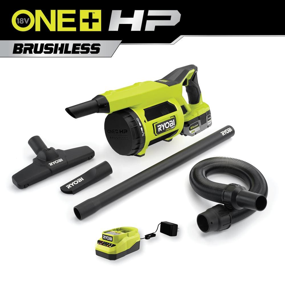 RYOBI ONE+ HP 18V Brushless Cordless Jobsite Hand Vacuum Kit with 4.0 Ah HIGH PERFORMANCE Battery and 18V Charger, Greens -  PBLHV701K
