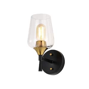 Arlo 5 in. 1-Light Black and Antique Brass Indoor Wall Sconce with Clear Glass Shade
