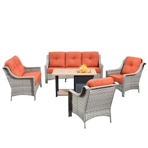 Verona Grey 5-Piece Wicker Outdoor Patio Conversation Sofa Loveseat Set with a Storage Fire Pit and Orange Red Cushions