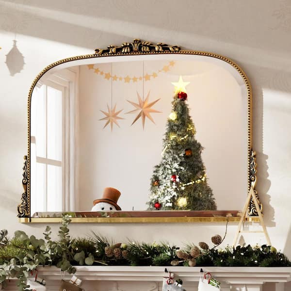 XRAMFY Antique Gold 36 in. W x 27 in. H Arched Polyurethane Framed with Decoration Antique Vanity Wall Mirror