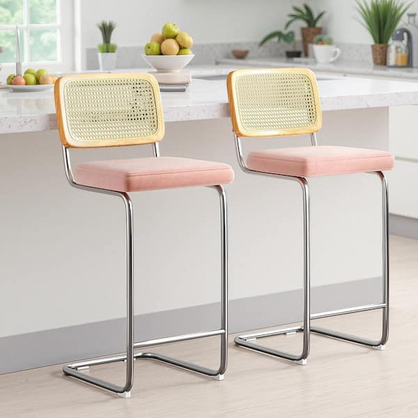 Lirago Pink Upholstered Velvet 30 in. Height Bar Stool with Rattan Back (Set of 2)