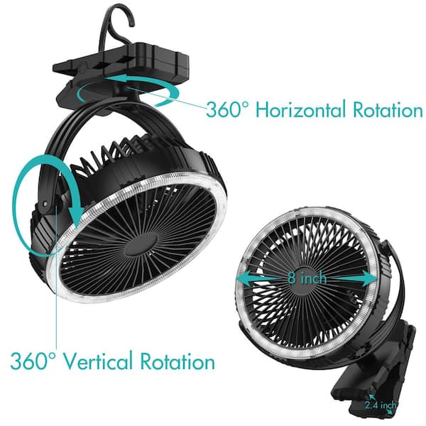Battery Operated Clip on fan with Camping Lantern, 4 Speeds & Timer, 1