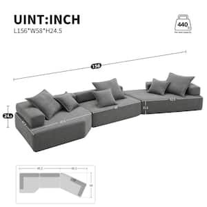 156 in. Square Arm Fabric Rectangle Sofa with 3 Pcs Free Combination in. Gray