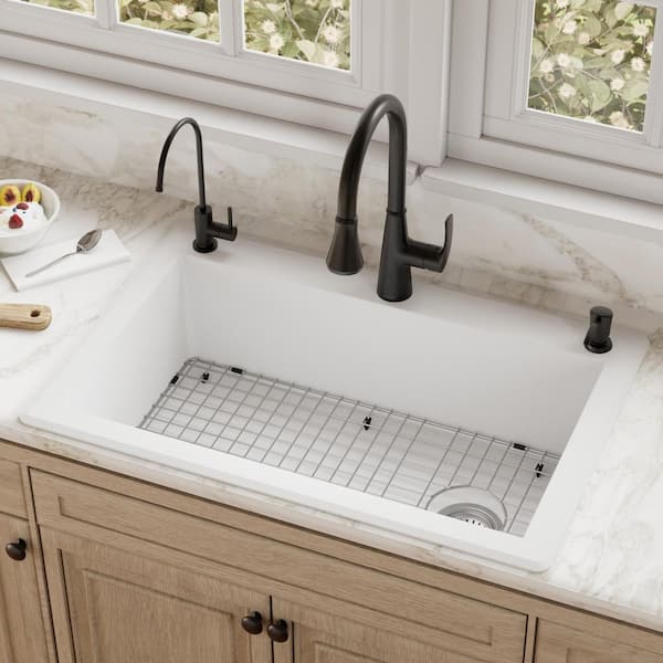 QT-670 Quartz/Granite 33 in. Single Bowl Top Mount Drop-In Kitchen Sink in White with Bottom Grid and Strainer