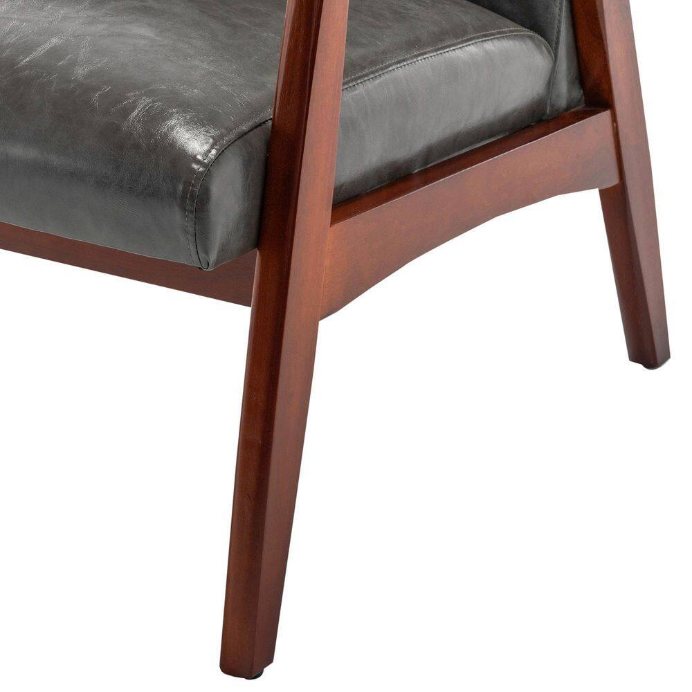 Espresso-Finished Gray Faux Leather Mid-Century Modern Accent Chair