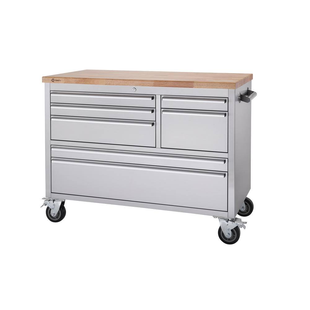 Trinity 48" Stainless Steel 7-Drawer Mobile Workbench with Wood Top