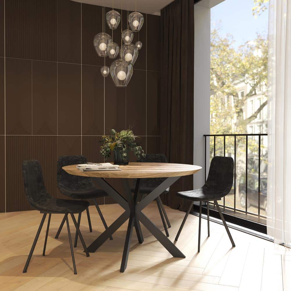 Reclaimed Wood Round Dining Table with Geometric Metal Base