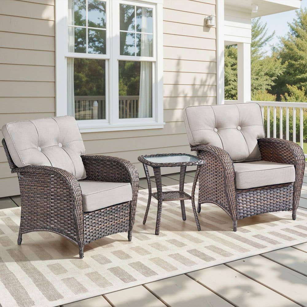 3-Piece Brown Wicker Patio Conversation Set, Outdoor Single Chairs and Side Table with Beige Cushions price history on PriceWatchPro