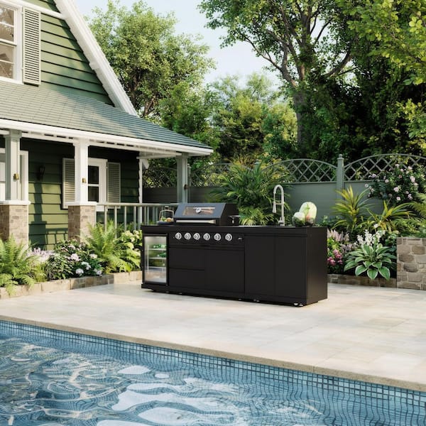 4-Burner Propane Gas Grill Island Outdoor Kitchen with Rotisserie Refrigerator Sink Storage in Stainless Steel