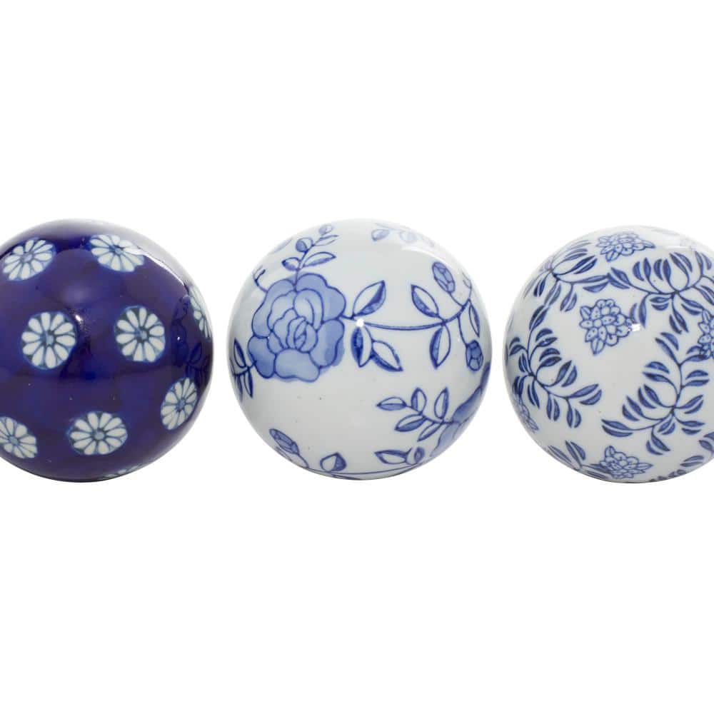 Blue and White Ceramic Floral Pattern Vase Filler Orbs, Set of 6
