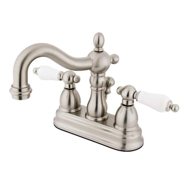 Kingston Brass Heritage 4 In Centerset 2 Handle Bathroom Faucet With Brass Pop Up In Brushed 9183