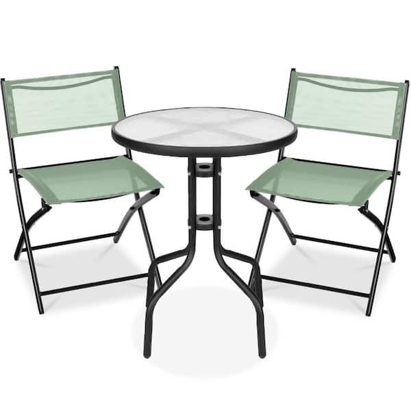 Best Choice Products Sage Green Metal 3-Piece Steel Outdoor Patio Bistro Set with Textured Glass Table Top, Folding Chairs