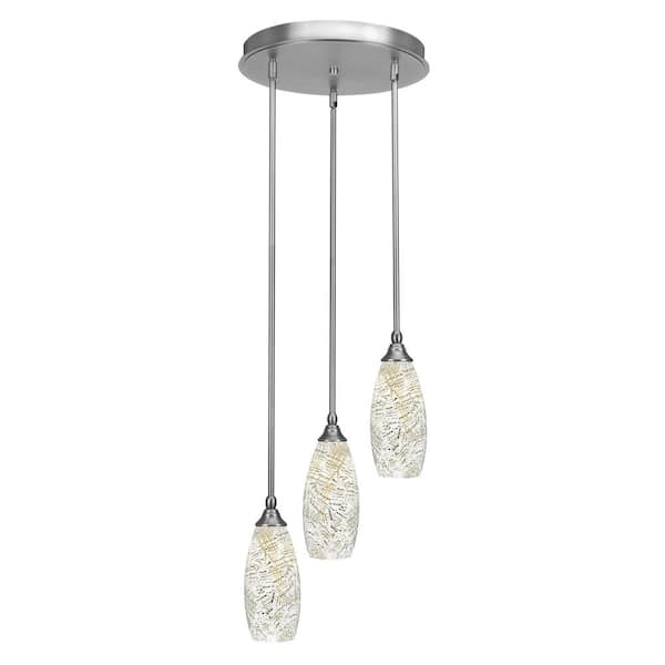 Unbranded Villa 60-Watt 14.25 in. 3 Light Nickel Stem Pendant Light with 5.5 in. Natural Fusion Glass Shade, No Bulbs Included