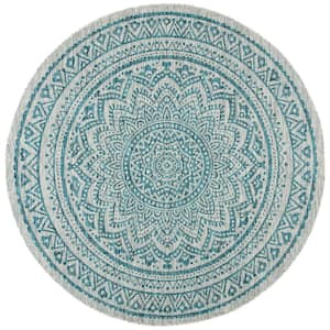Courtyard Light Gray/Teal 3 ft. x 3 ft. Round Medallion Indoor/Outdoor Area Rug