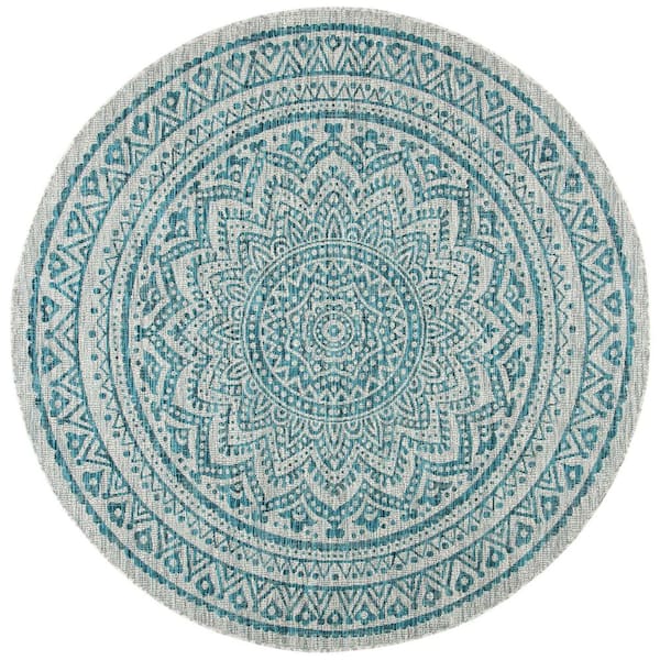 SAFAVIEH Courtyard Light Gray/Teal 7 ft. x 7 ft. Medallion Indoor/Outdoor Patio  Round Area Rug