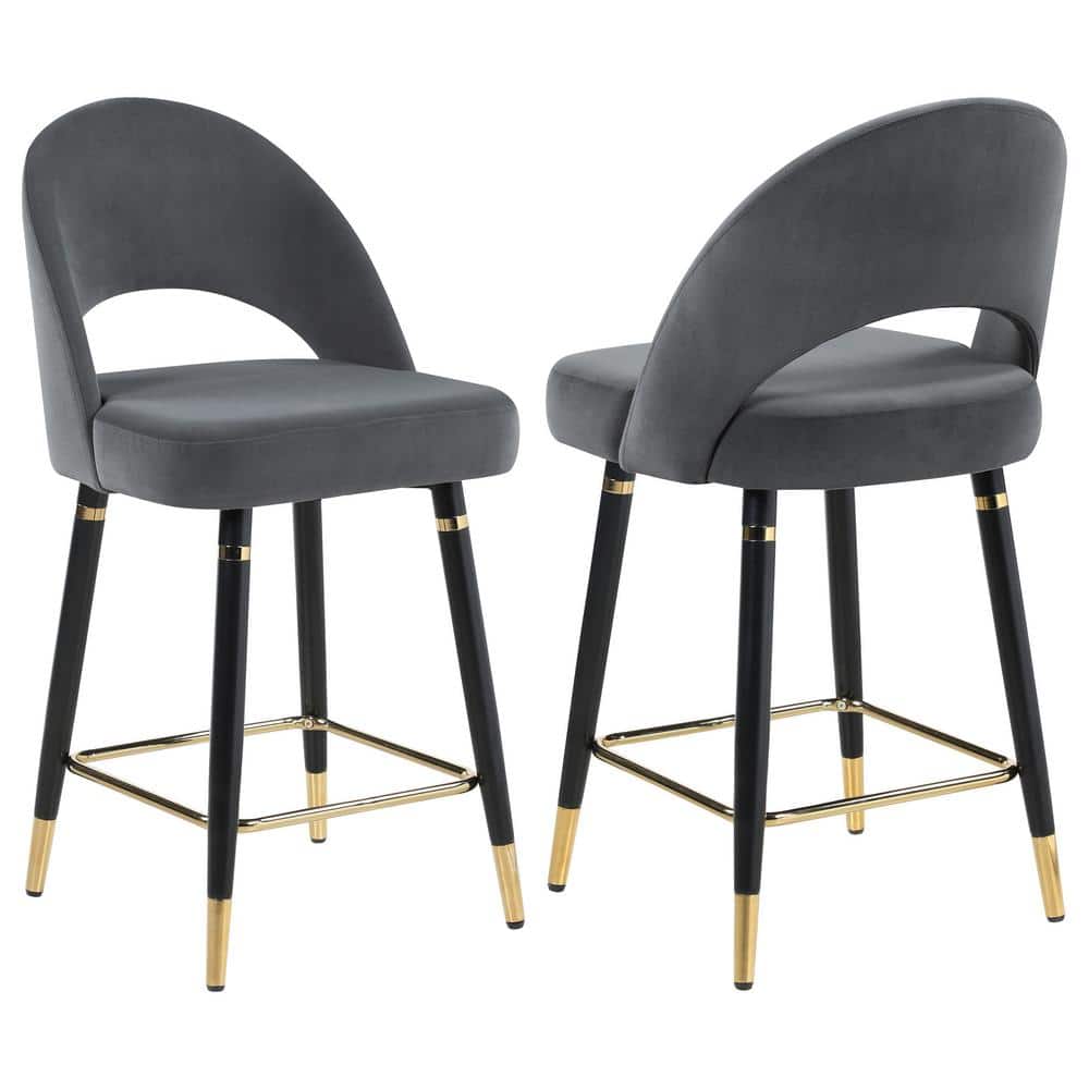 Gray Velvet Upholstered Arched Back Counter Stools with Gold Accents
