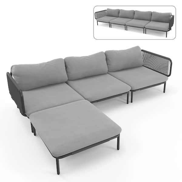 4 Piece Metal Outdoor Sectional Sofa with Dark Gray Cushions 8-Armrest