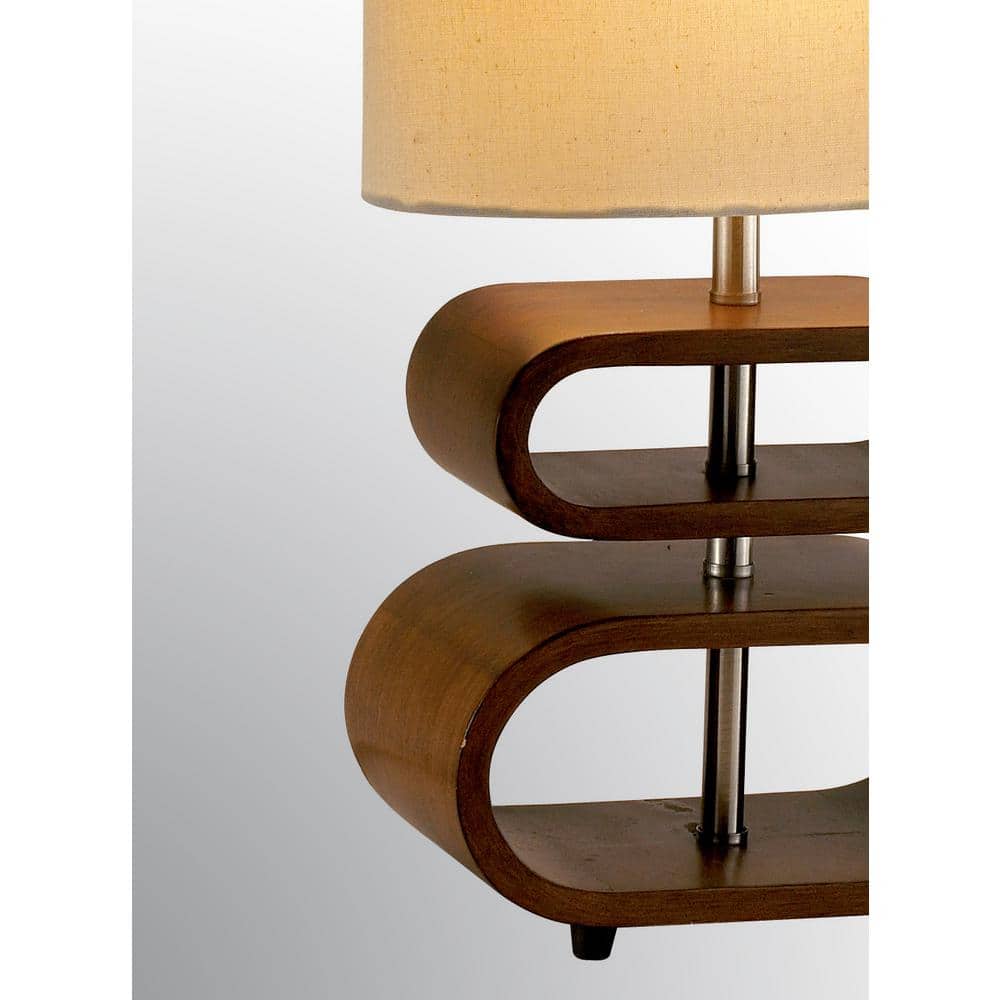 Walnut and Natural Fabric Oval Table Lamp with 3-Way Switch