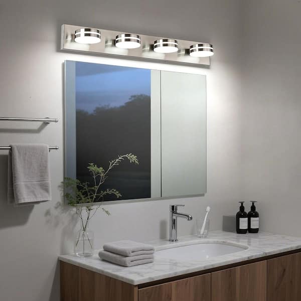 30 in. 4-Light Nickel LED Vanity Light with Dimmable 5500K Light and 270° Swivel Range Acrylic Lampshade