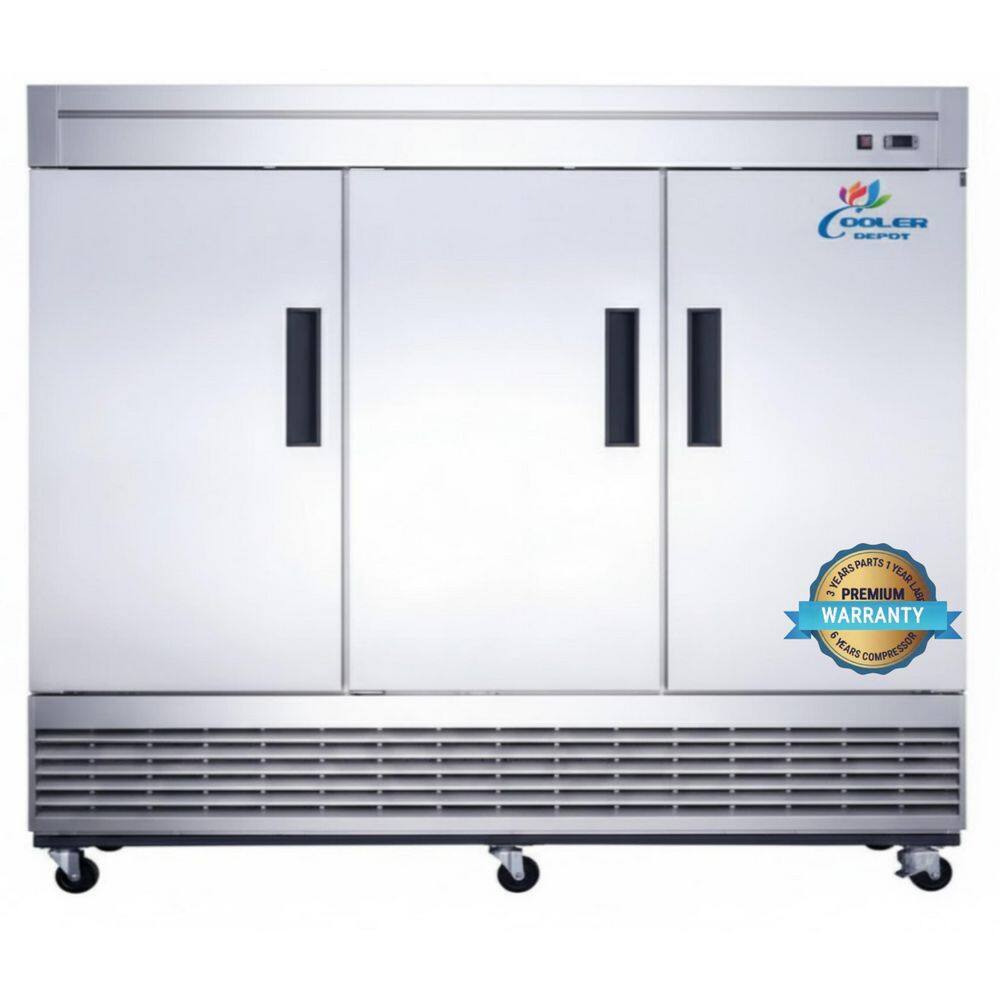 83 in. W 65 cu. Ft. Commercial Auto / Cycle Defrost Triple Door Reach in Upright Freezer in Stainless Steel
