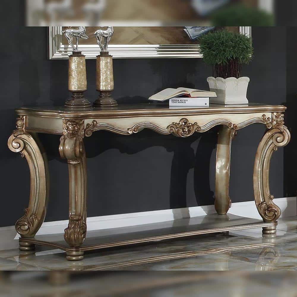 Gold Patina Wood Sofa Table with Bottom Shelf