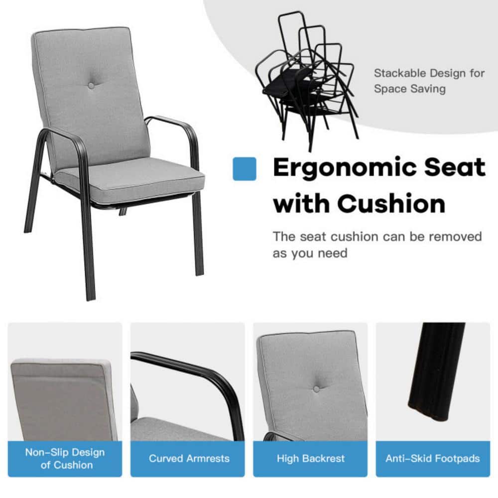 Black Steel Outdoor Dining Chairs with Grey Cushions, Set of 4